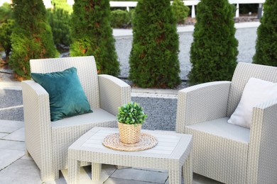 Beautiful rattan garden furniture, soft pillows and houseplant outdoors