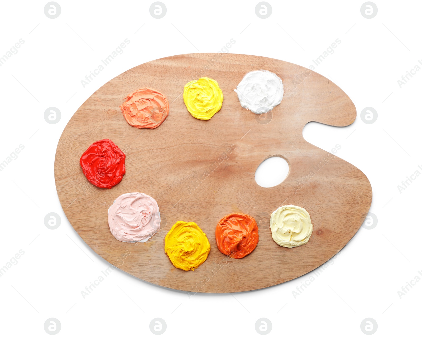 Photo of Palette with paints on white background, top view