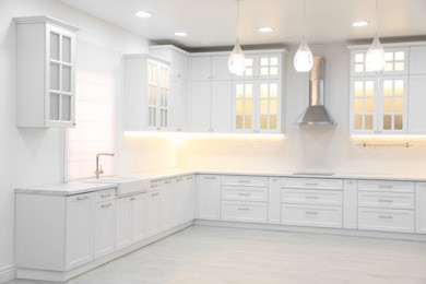 Modern light kitchen interior with stylish furniture