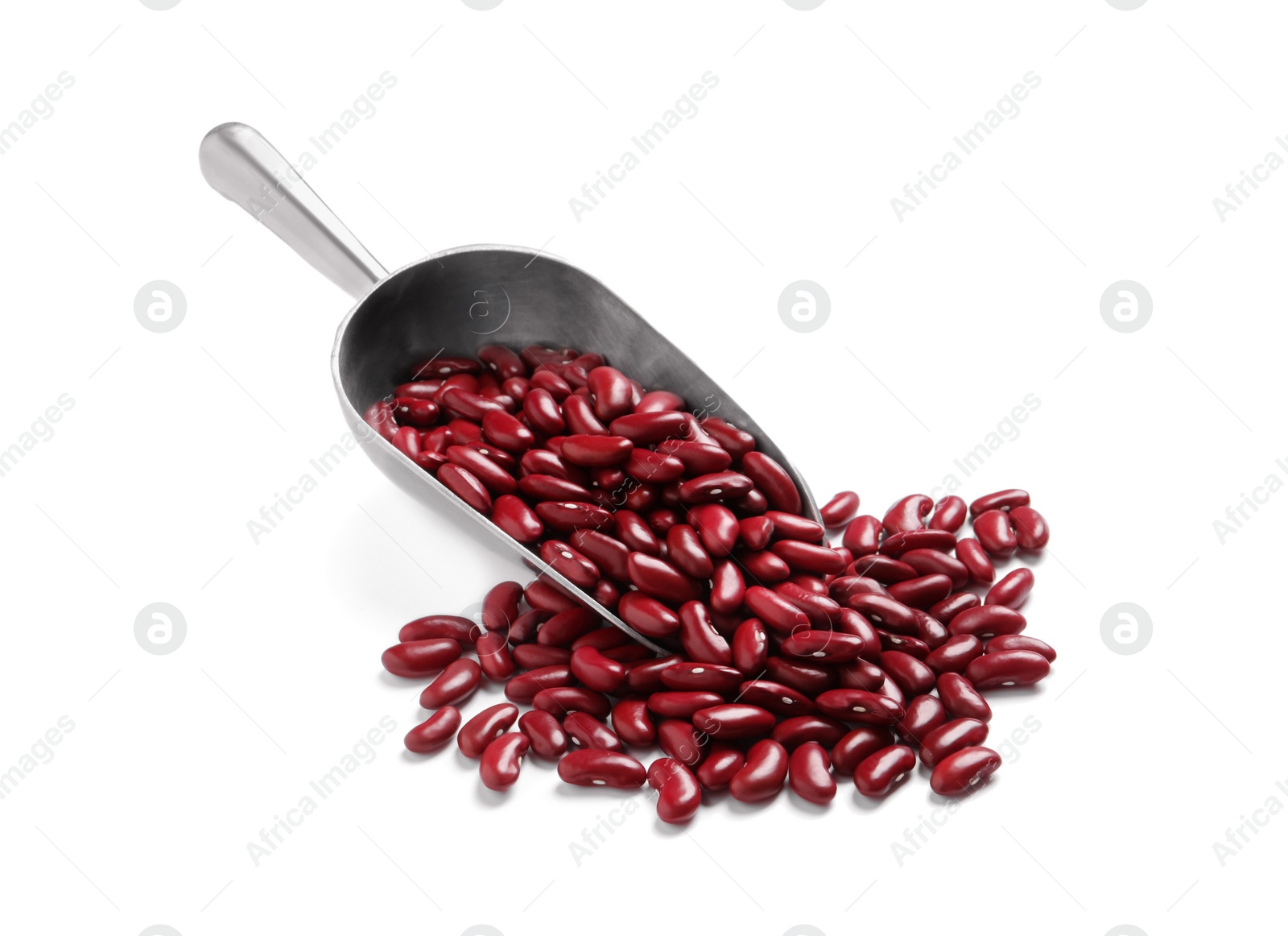 Photo of Scoop with raw red kidney beans on white background