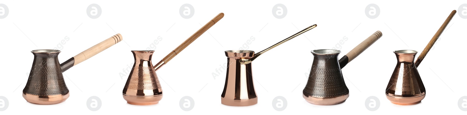 Image of Set with beautiful copper turkish coffee pots on white background. Banner design