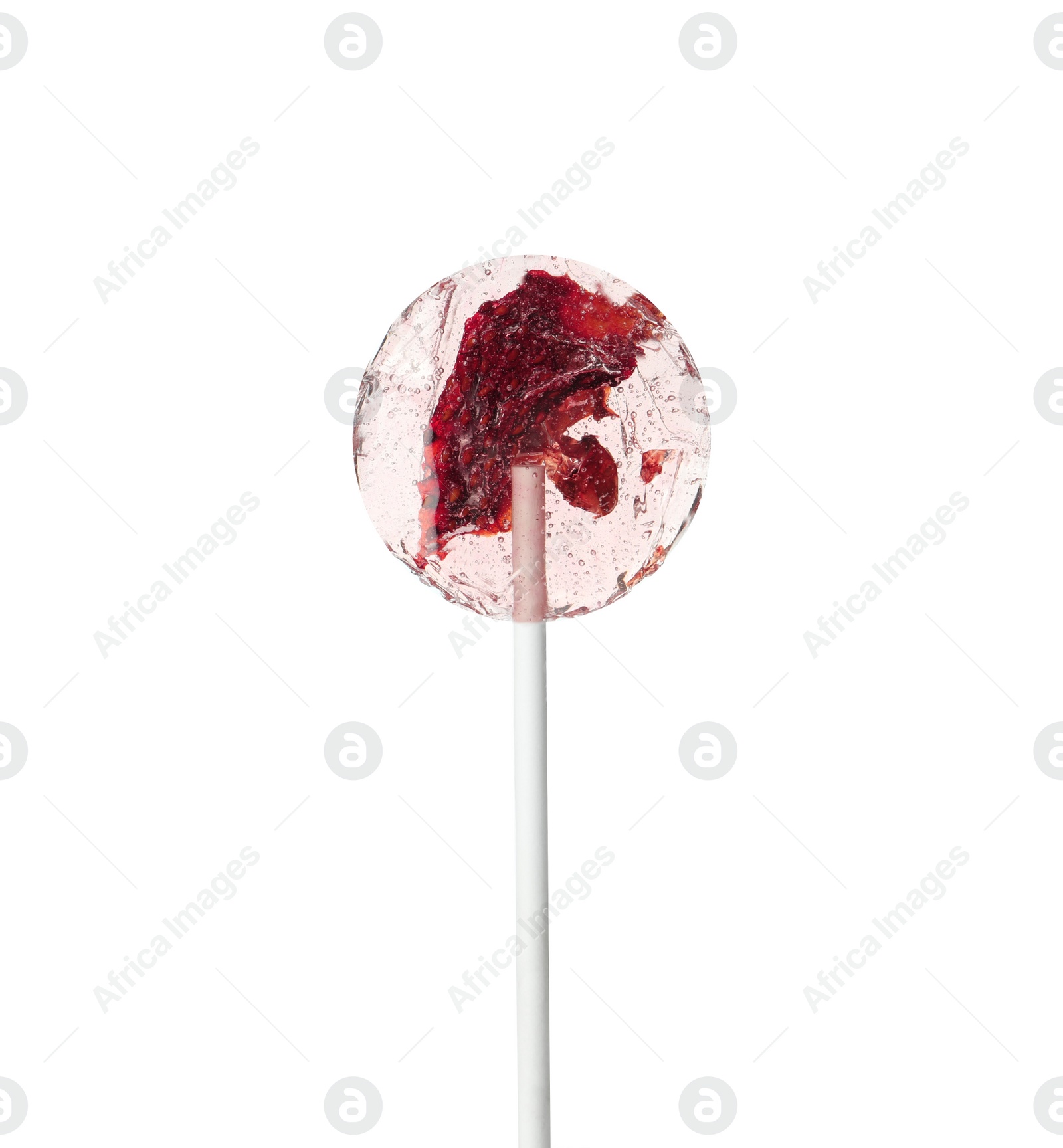 Photo of Sweet colorful lollipop with berries isolated on white