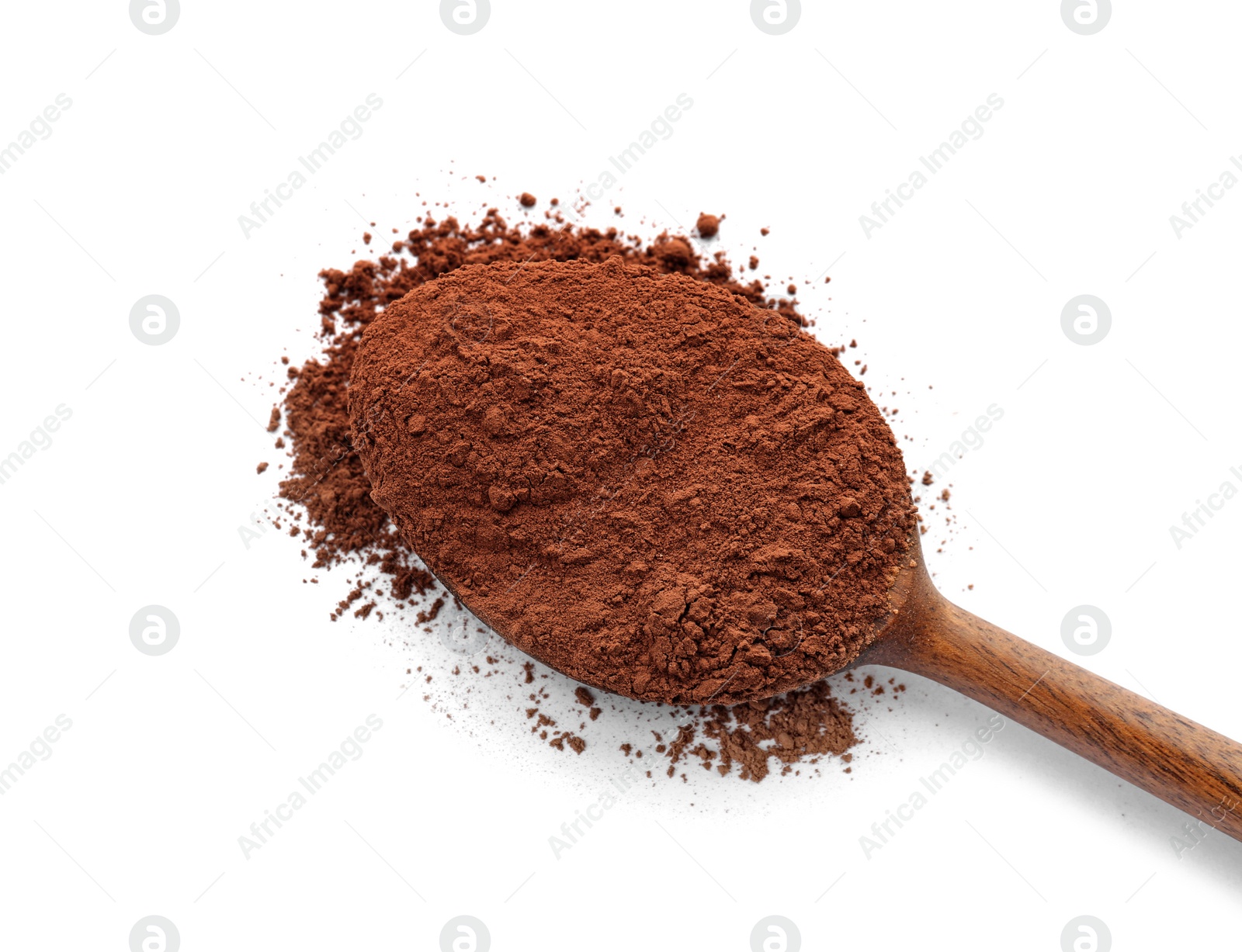 Photo of Spoon with cocoa powder on white background