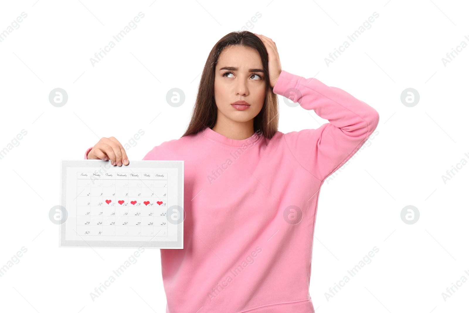 Photo of Young woman holding calendar with marked menstrual cycle days isolated on white