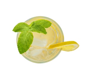 Photo of Glass of natural lemonade with mint on white background, top view