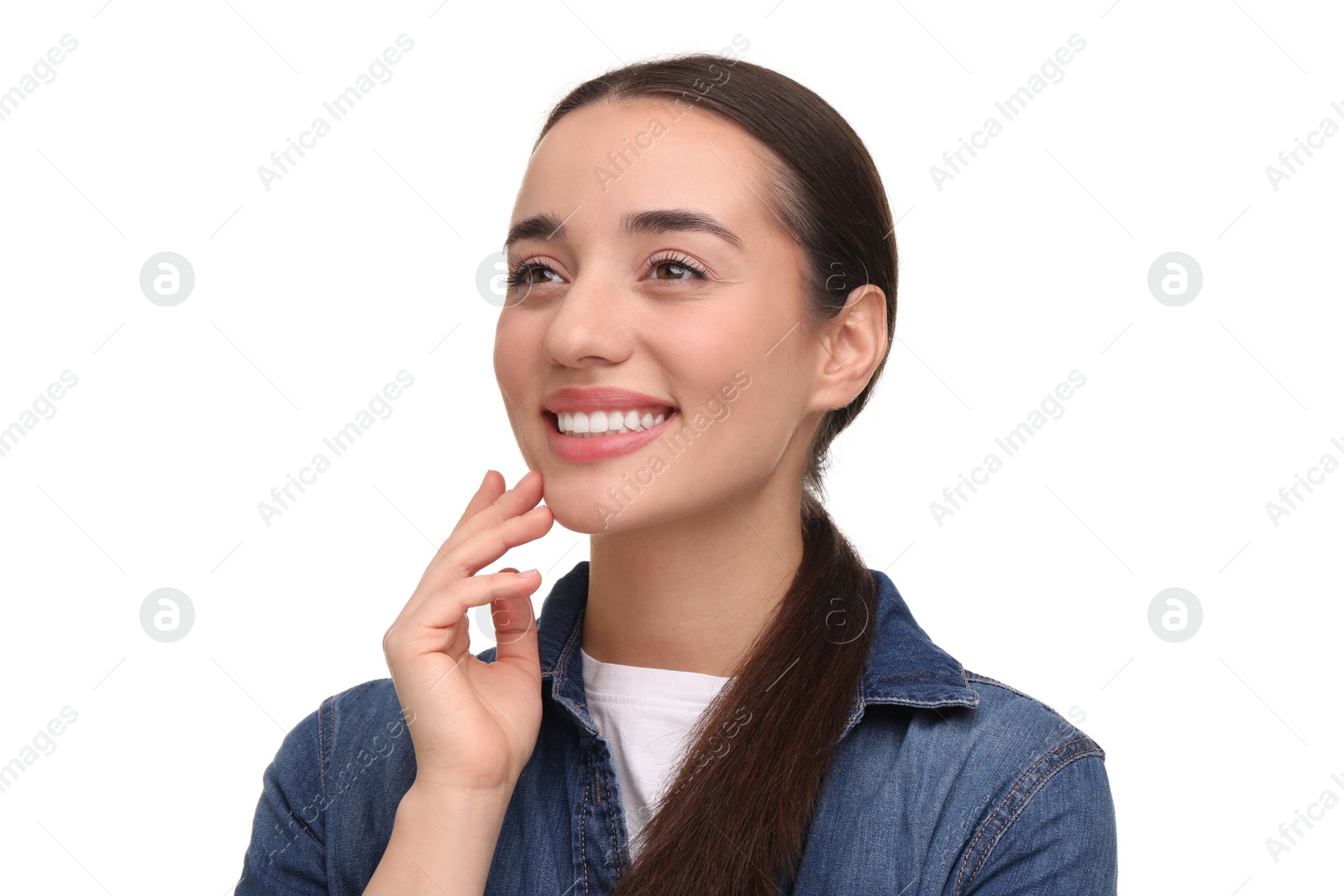 Photo of Young woman with clean teeth smiling on white background