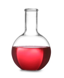 Glass flask with liquid on white background. Solution chemistry