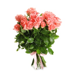 Photo of Bouquet of beautiful roses on white background