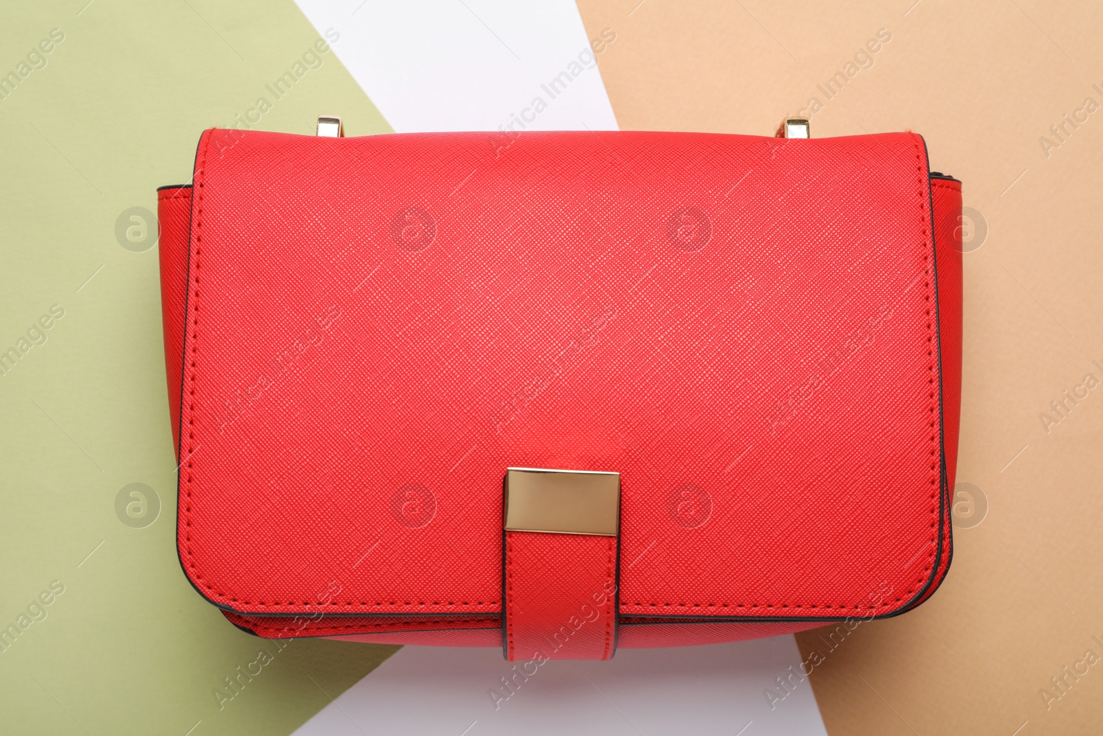 Photo of Stylish women's bag on color background, top view