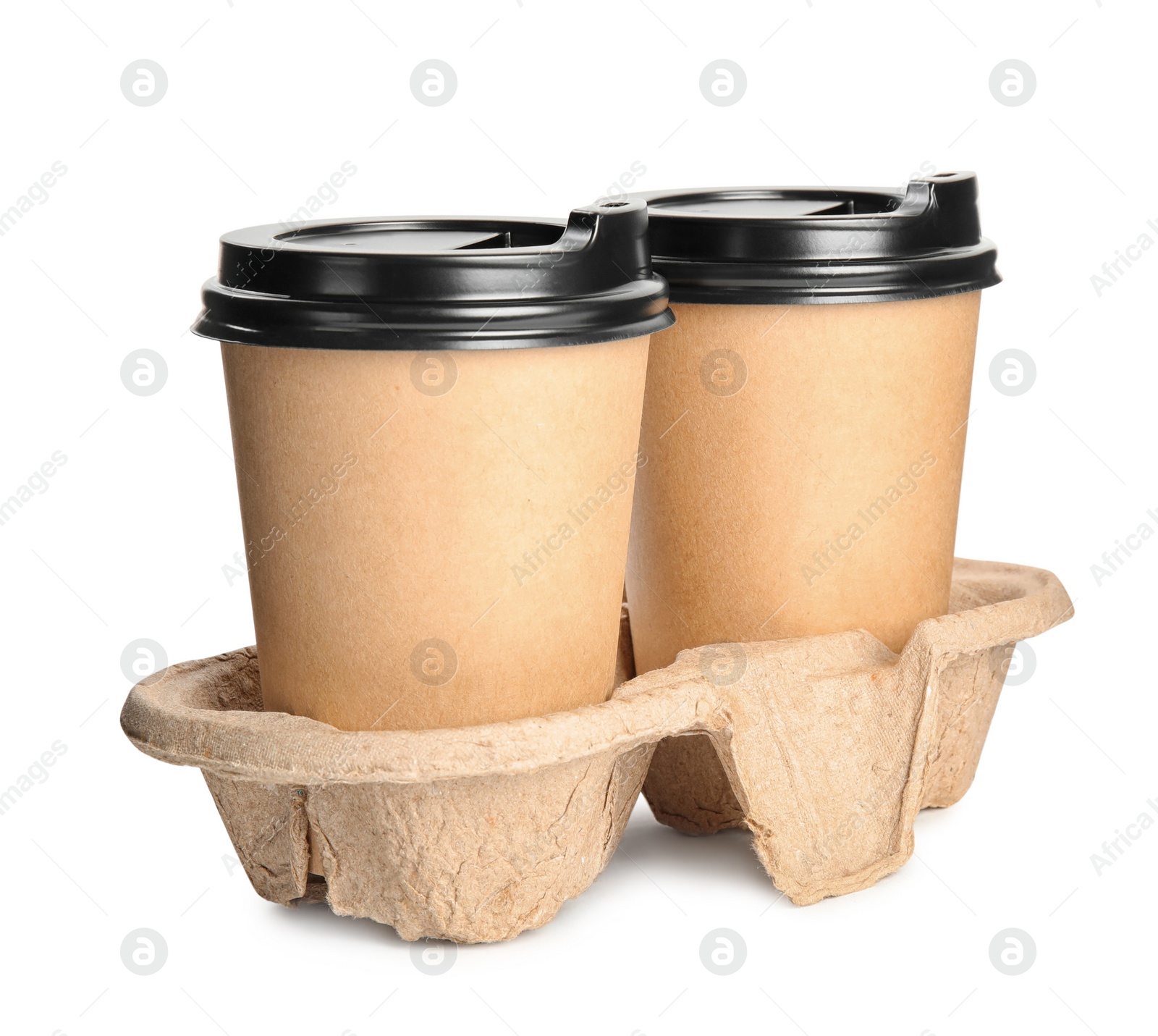 Photo of Takeaway paper coffee cups in cardboard holder on white background