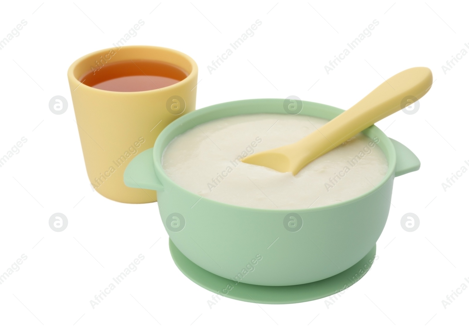 Photo of Healthy baby food in bowl and drink on white background