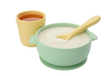 Photo of Healthy baby food in bowl and drink on white background