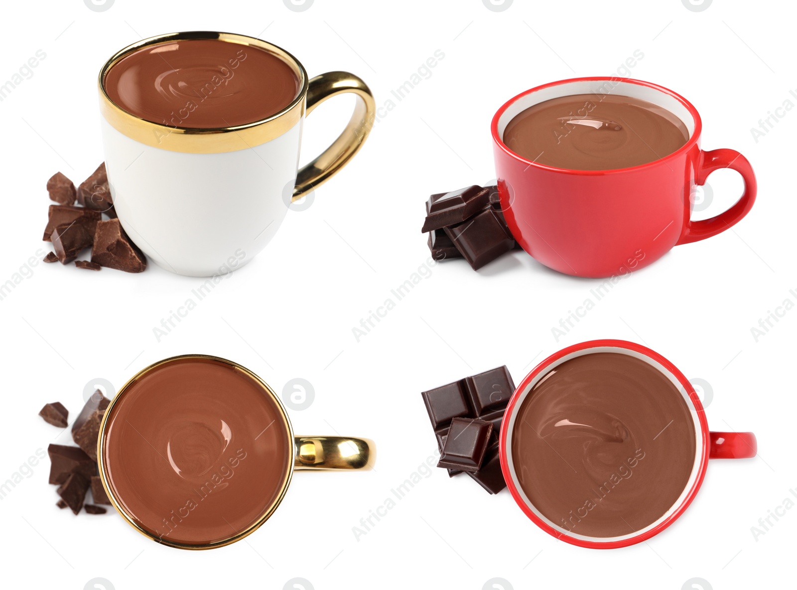 Image of Delicious hot chocolate in cups isolated on white, top and side views