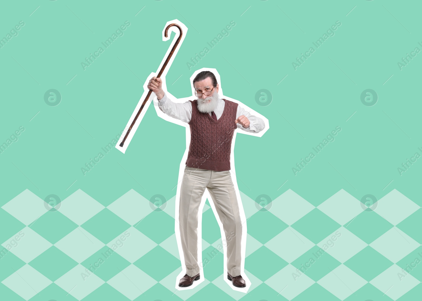 Image of Pop art poster. Senior man with walking cane dancing on turquoise background, pin up style