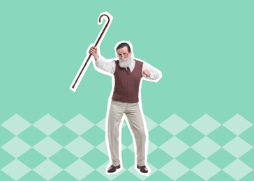 Image of Pop art poster. Senior man with walking cane dancing on turquoise background, pin up style