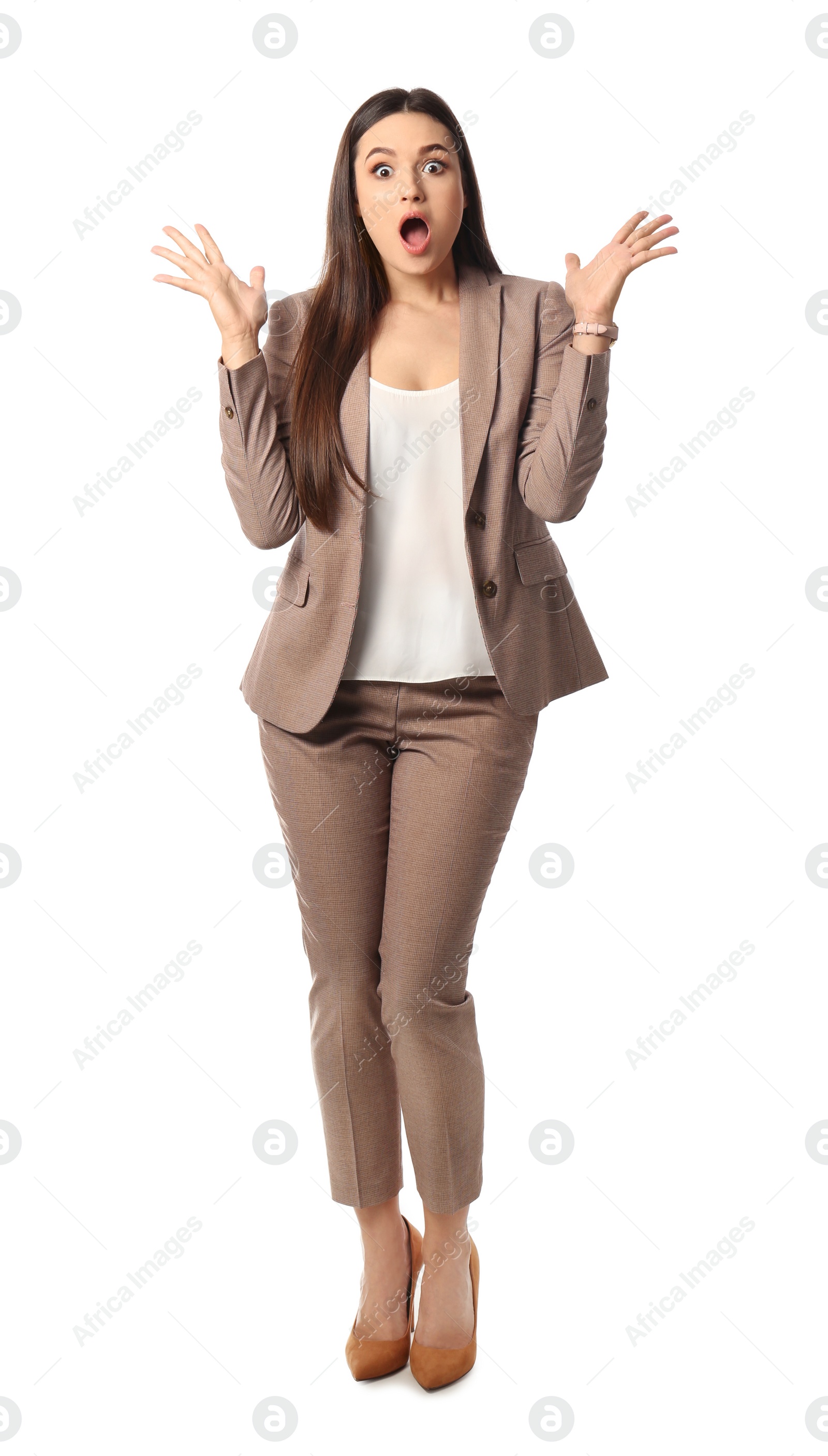 Photo of Full length portrait of emotional businesswoman on white background