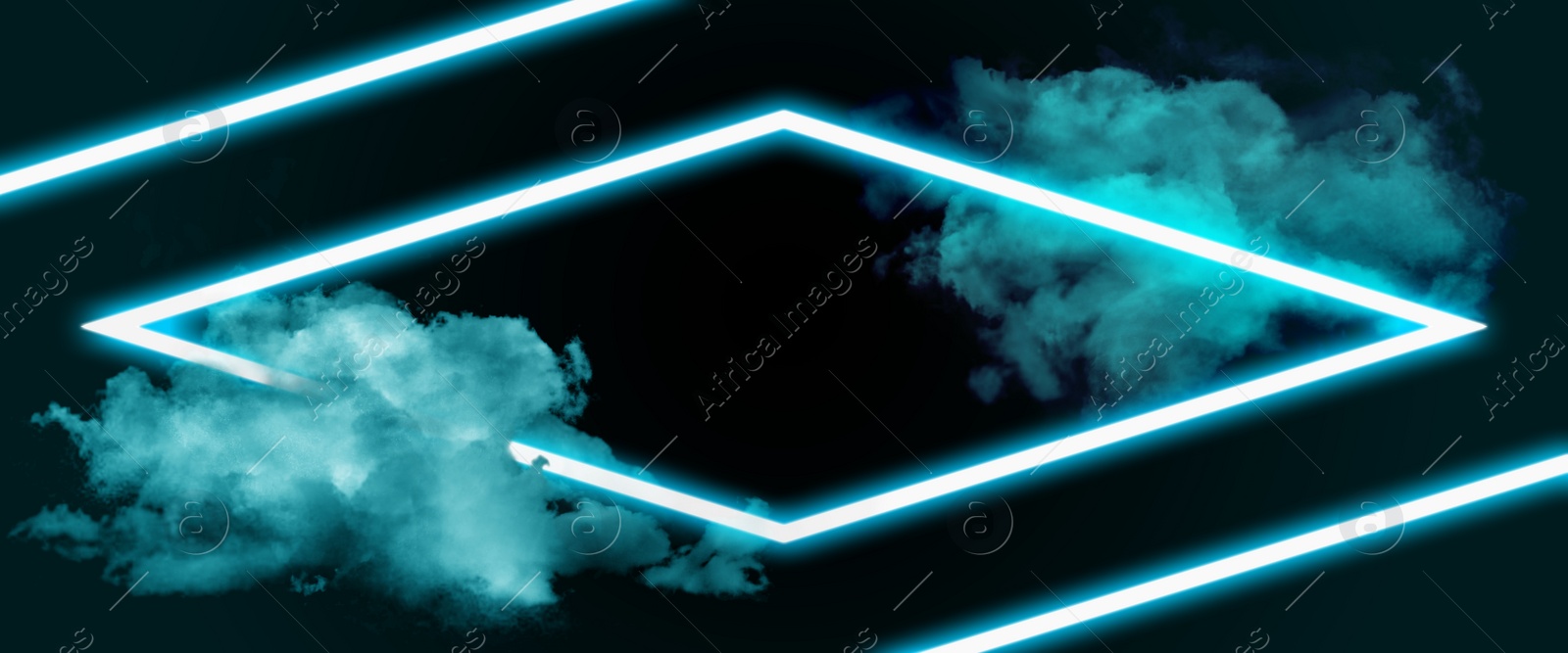 Image of Glowing light blue neon frame with smoke on black background. Banner design with space for text