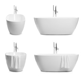 Image of Set with stylish ceramic bathtubs on white background