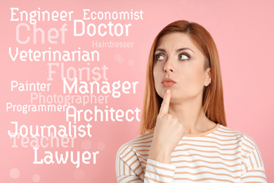 Image of Thoughtful woman choosing profession on pink background