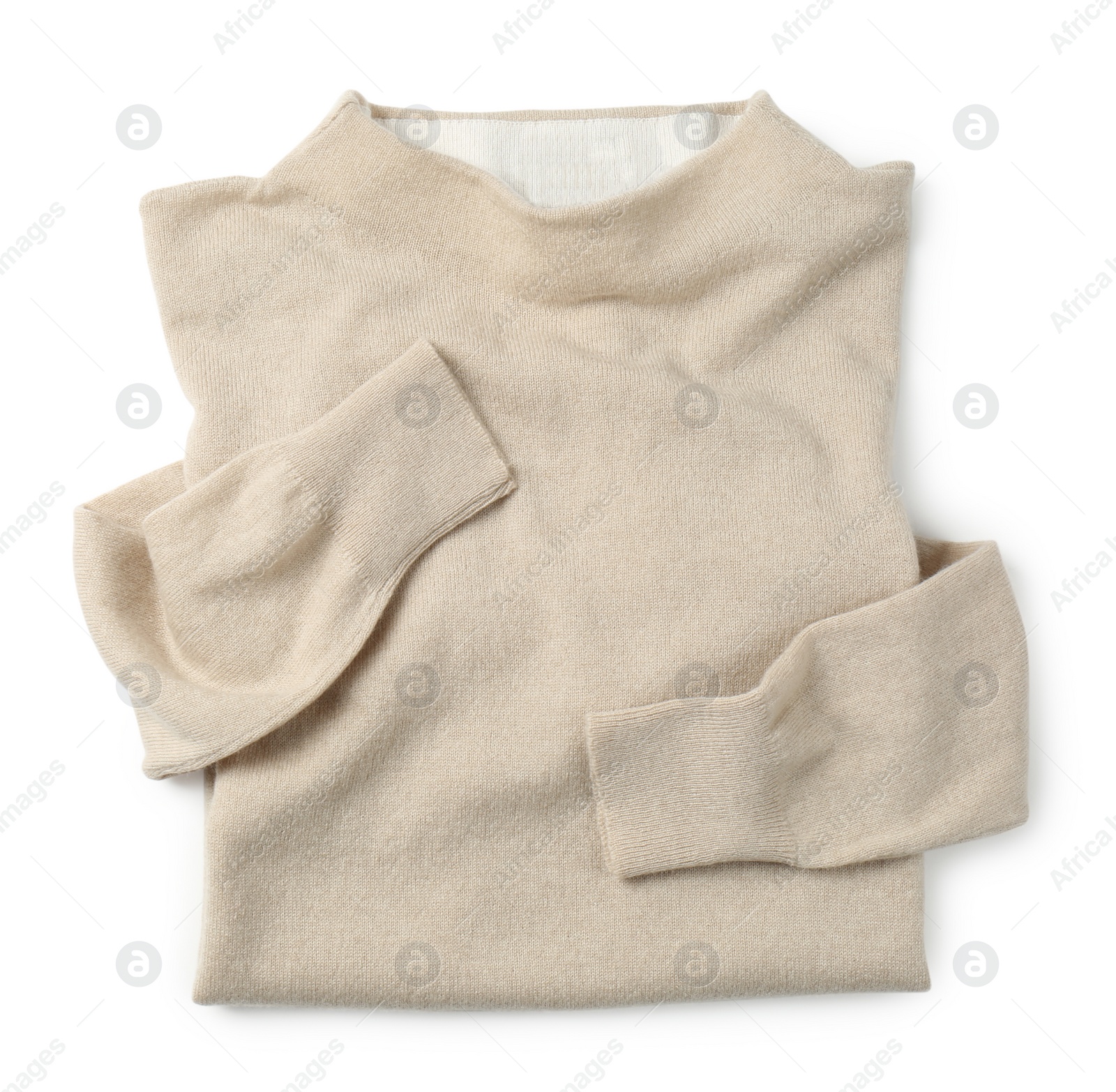 Photo of Cashmere sweater on white background, top view