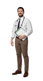 Portrait of happy doctor with stethoscope on white background