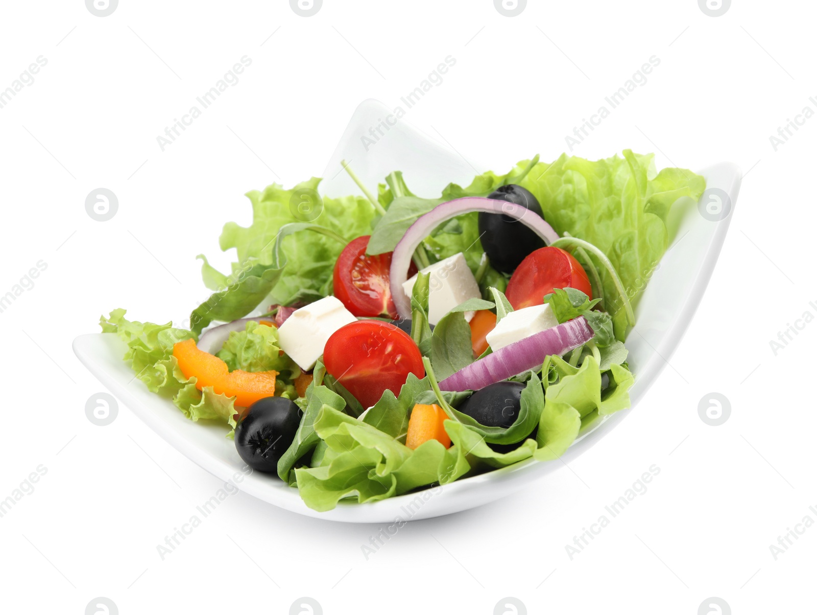 Photo of Tasty salad of fresh ingredients on white background