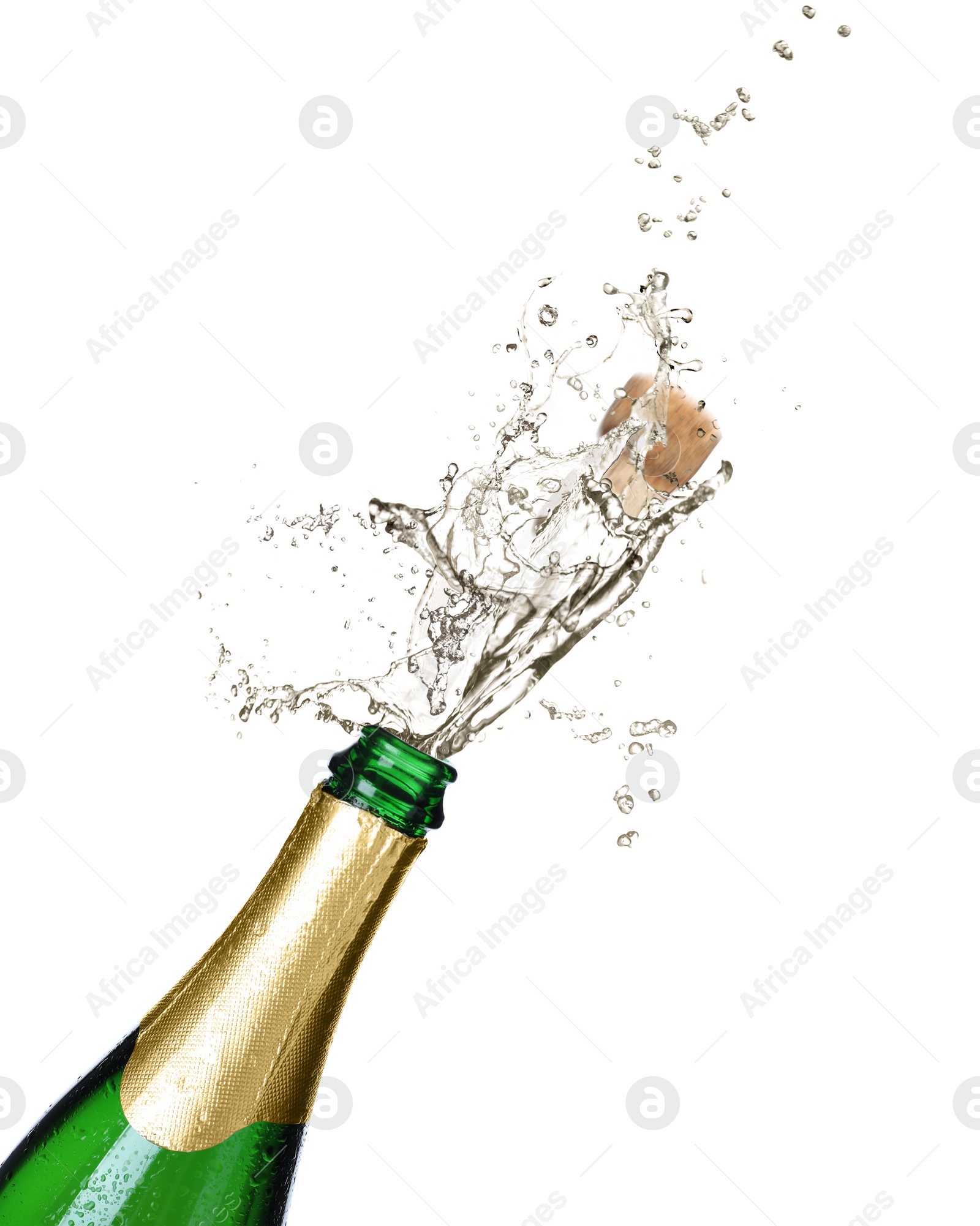 Image of Sparkling wine splashing out of bottle on white background