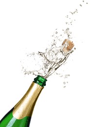 Image of Sparkling wine splashing out of bottle on white background