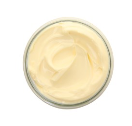 Jar of delicious mayonnaise isolated on white, top view