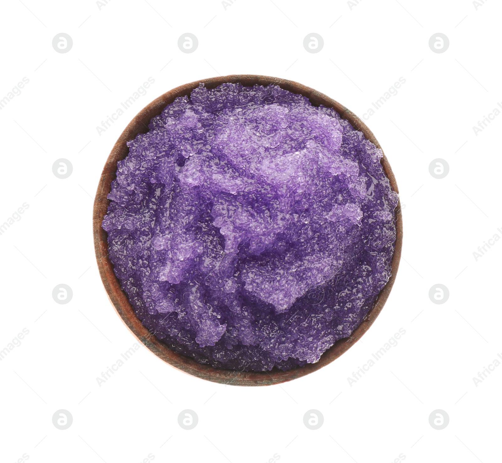 Photo of Bowl of purple body scrub isolated on white