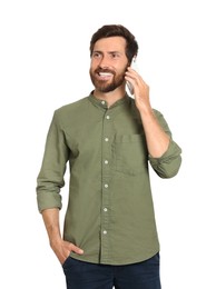 Photo of Handsome man talking on phone against white background