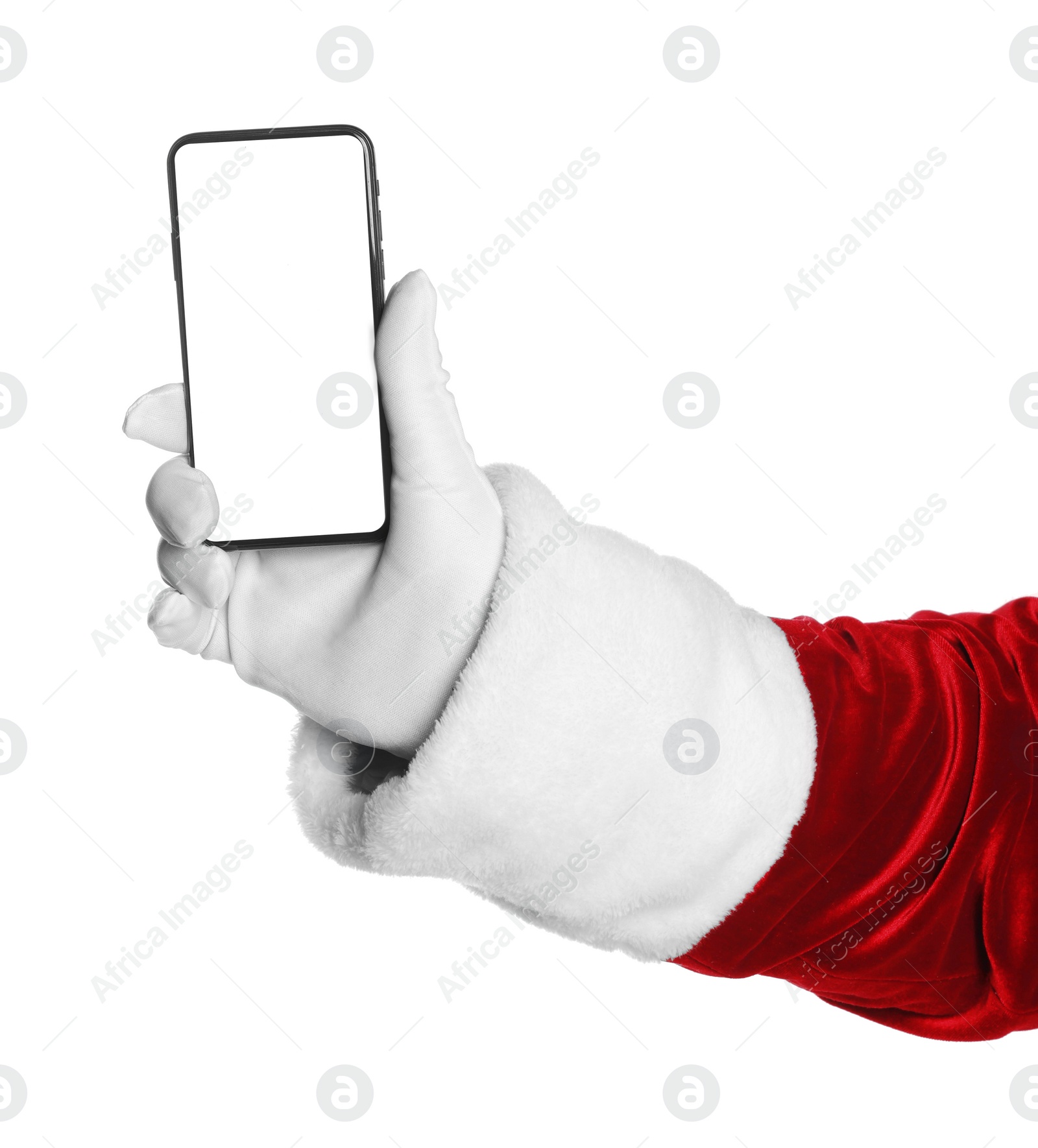 Photo of Merry Christmas. Santa Claus showing smartphone on white background, closeup