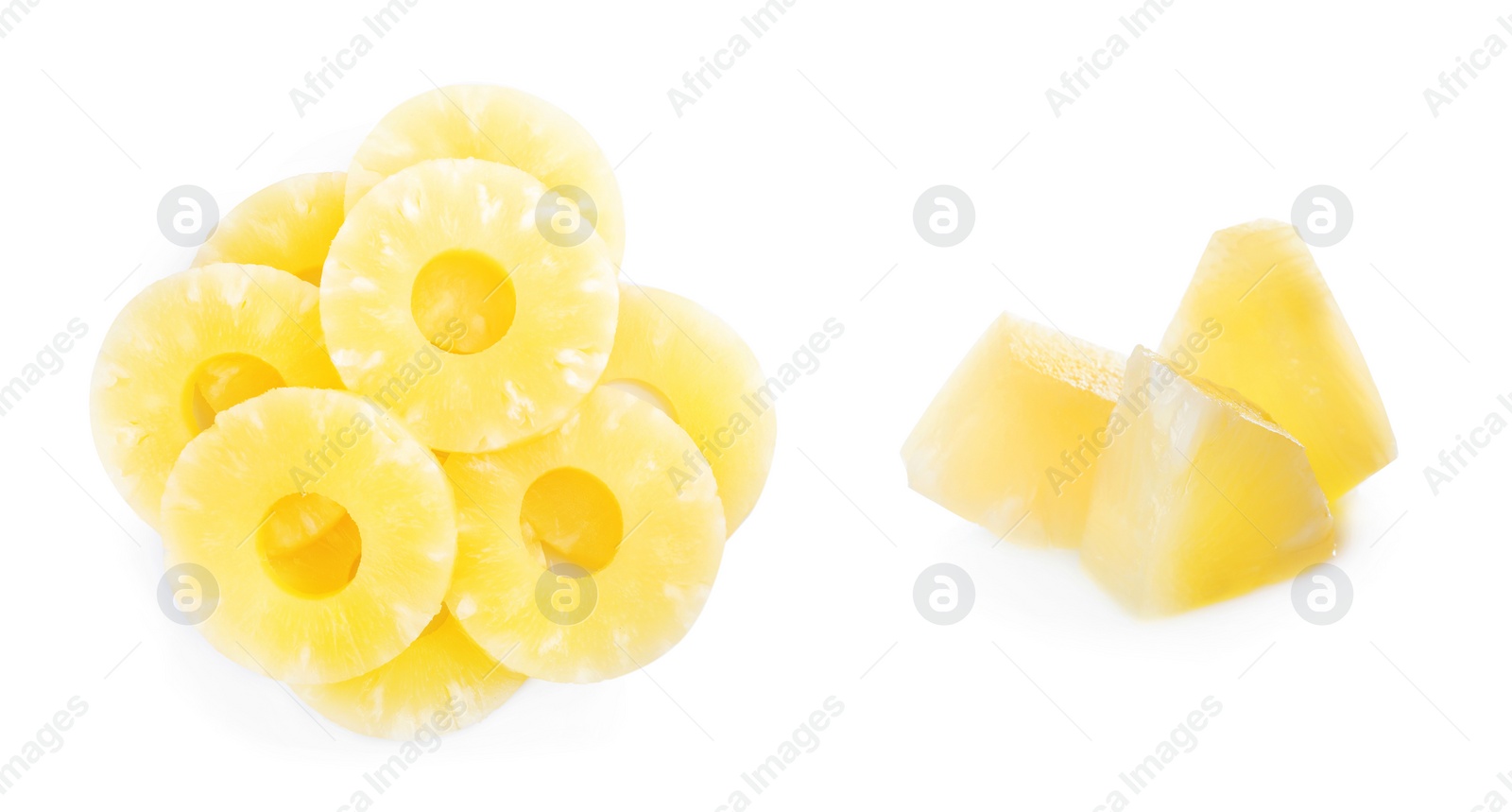 Image of Canned pineapple rings and pieces on white background, banner design