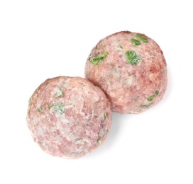 Photo of Two fresh raw meatballs isolated on white, top view