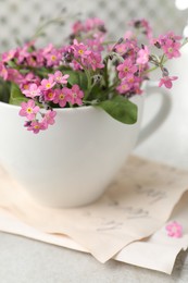 Photo of Beautiful pink forget-me-not flowers with cup on light stone table, closeup