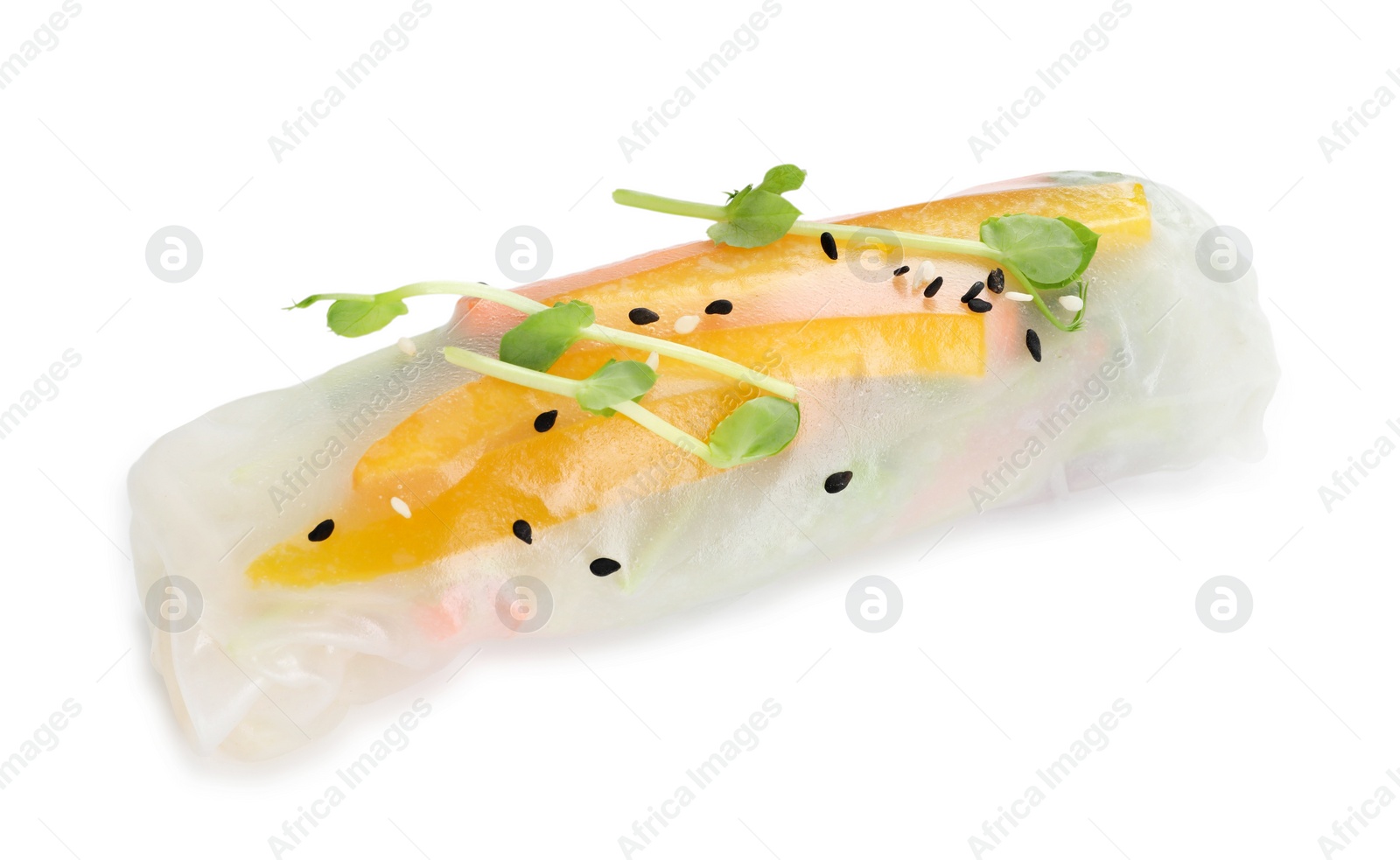 Photo of Tasty spring roll with sesame seeds and microgreens isolated on white