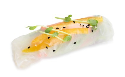 Photo of Tasty spring roll with sesame seeds and microgreens isolated on white