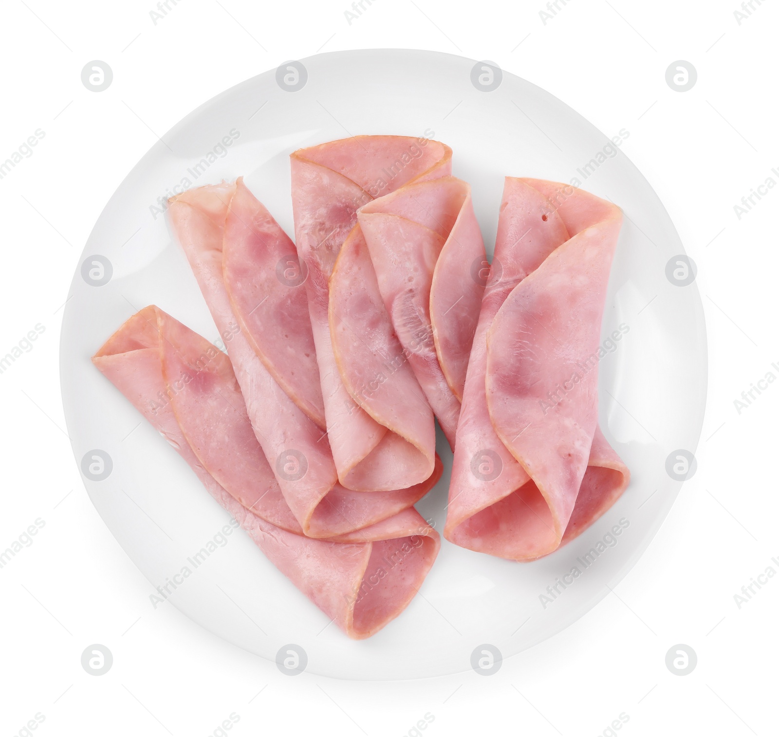 Photo of Slices of tasty ham isolated on white, top view