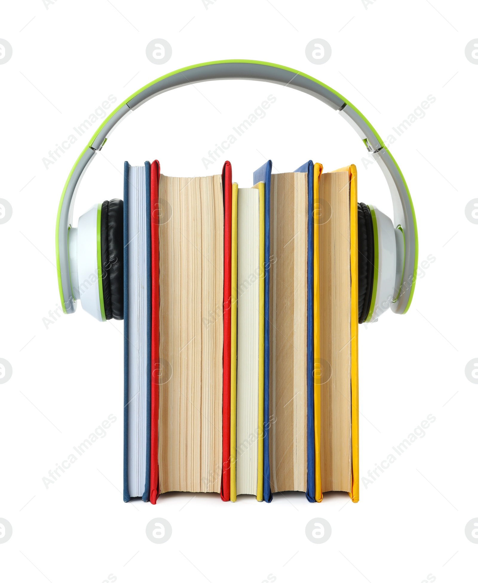 Photo of Books with modern headphones isolated on white