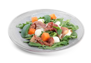 Photo of Fresh melon with prosciutto, mozzarella and arugula on white background