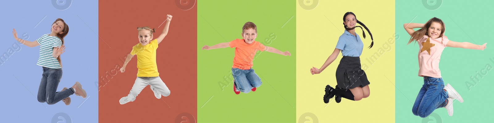 Image of Group of children jumping on color backgrounds, set of photos