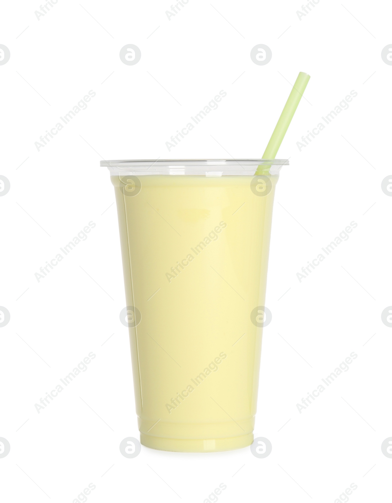 Photo of Plastic cup of tasty smoothie isolated on white