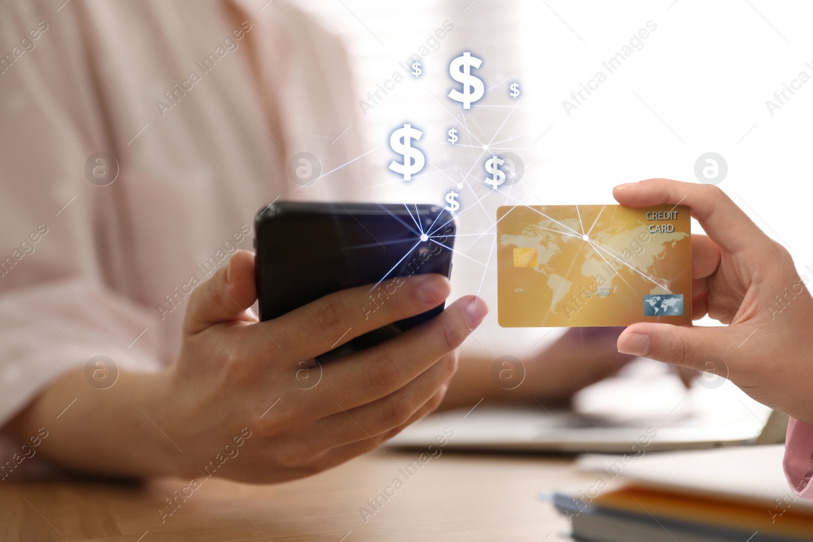 Image of Fintech concept. Woman using phone to make financial transactions with credit card