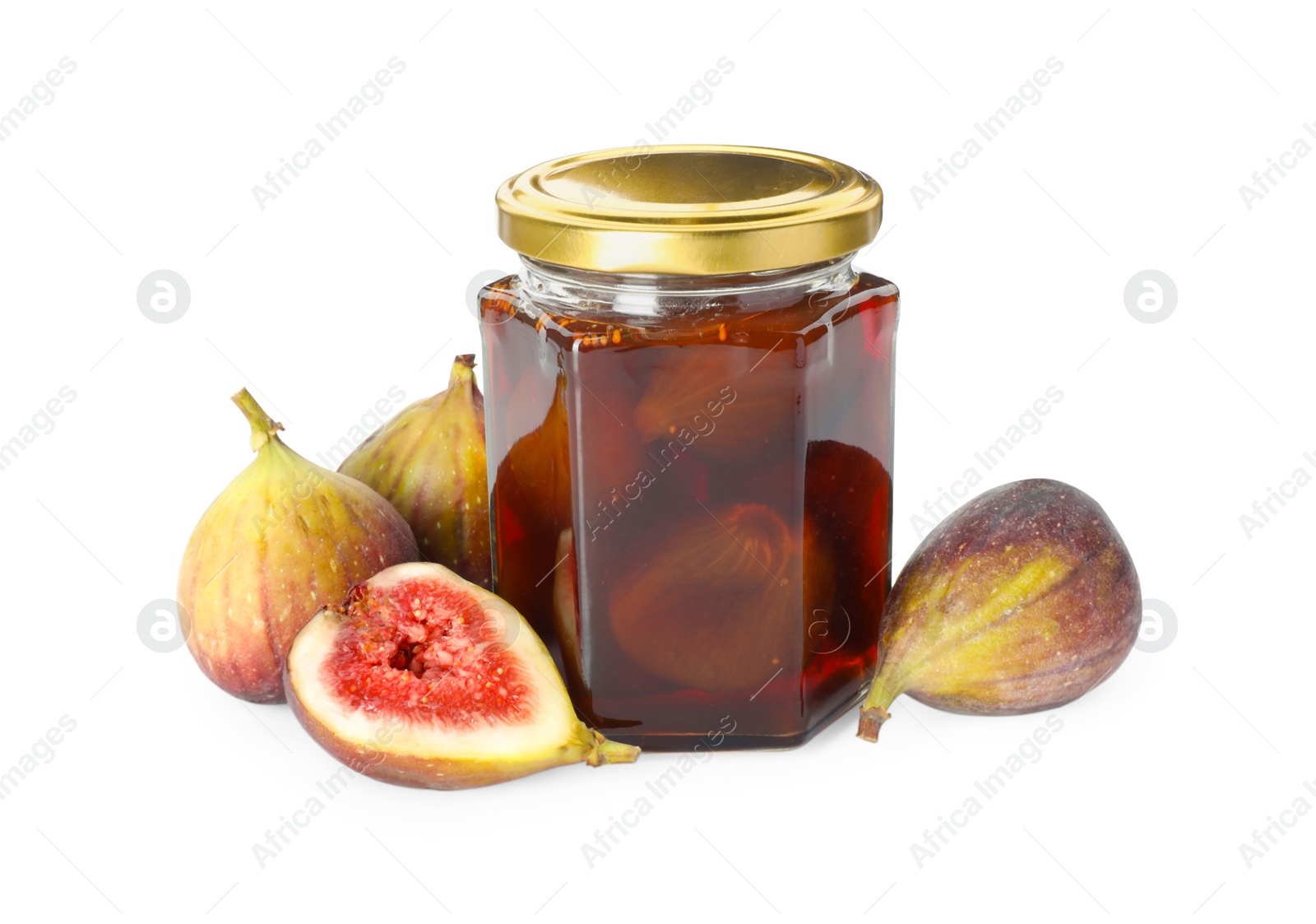 Photo of Jar of tasty sweet jam and fresh figs isolated on white