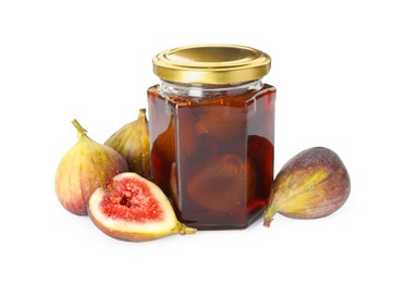 Photo of Jar of tasty sweet jam and fresh figs isolated on white