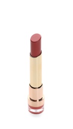 Photo of Beautiful lipstick on white background. Trendy makeup product