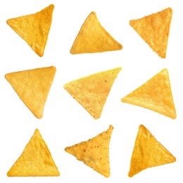 Image of Set with tasty tortilla chips (nachos) on white background