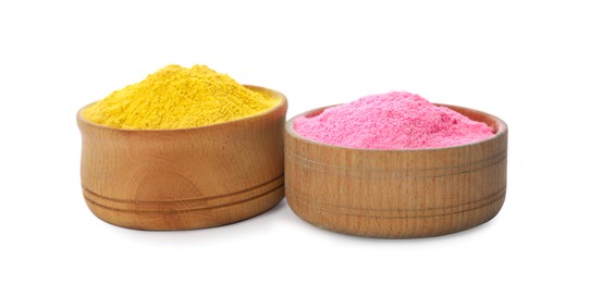 Photo of Colorful powder dyes in bowls on white background. Holi festival