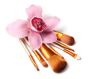 Photo of Makeup brushes of professional artist with flower on white background