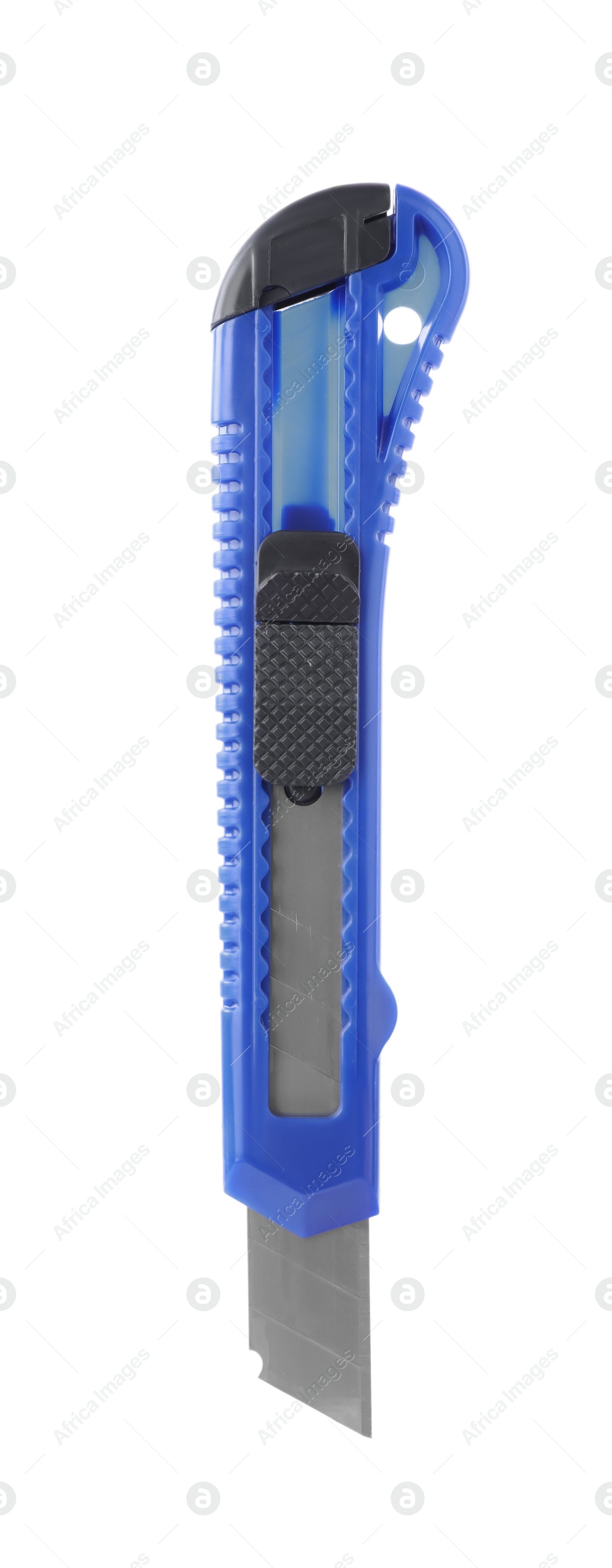 Photo of Blue utility knife isolated on white. Construction tool